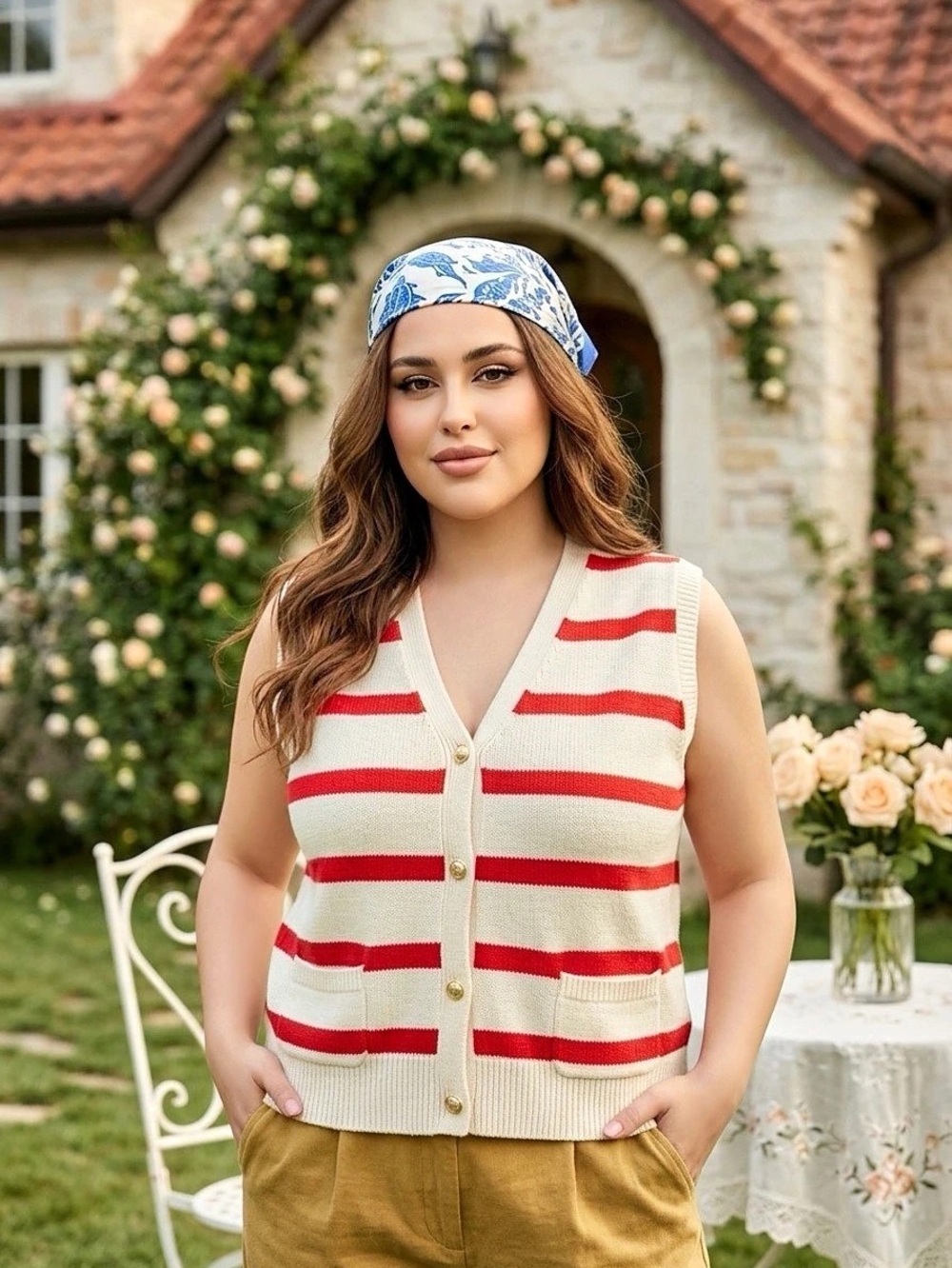 oddi Women's Sleeveless Short Knitted Sweater Vest With Gold Buttons